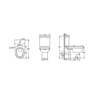 Elongated Seat  655*375*795mm Two Piece Toilet Wc For The Bathroom